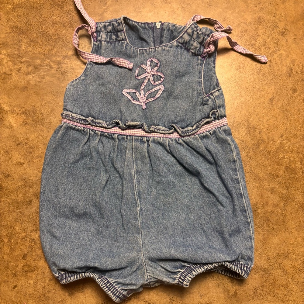 Basic Editions Girl 12 month Denim Romper 90s vintage ribbon embellishment